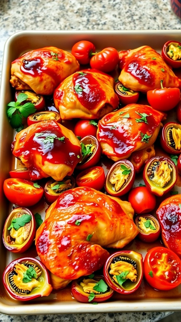 Sheet pan with barbecue chicken thighs and roasted tomatoes, garnished with herbs.
